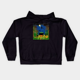 Scary, spooky, creepy, halloween with cauldron, spiders, bats, cats and a black witch on a broom stick Kids Hoodie